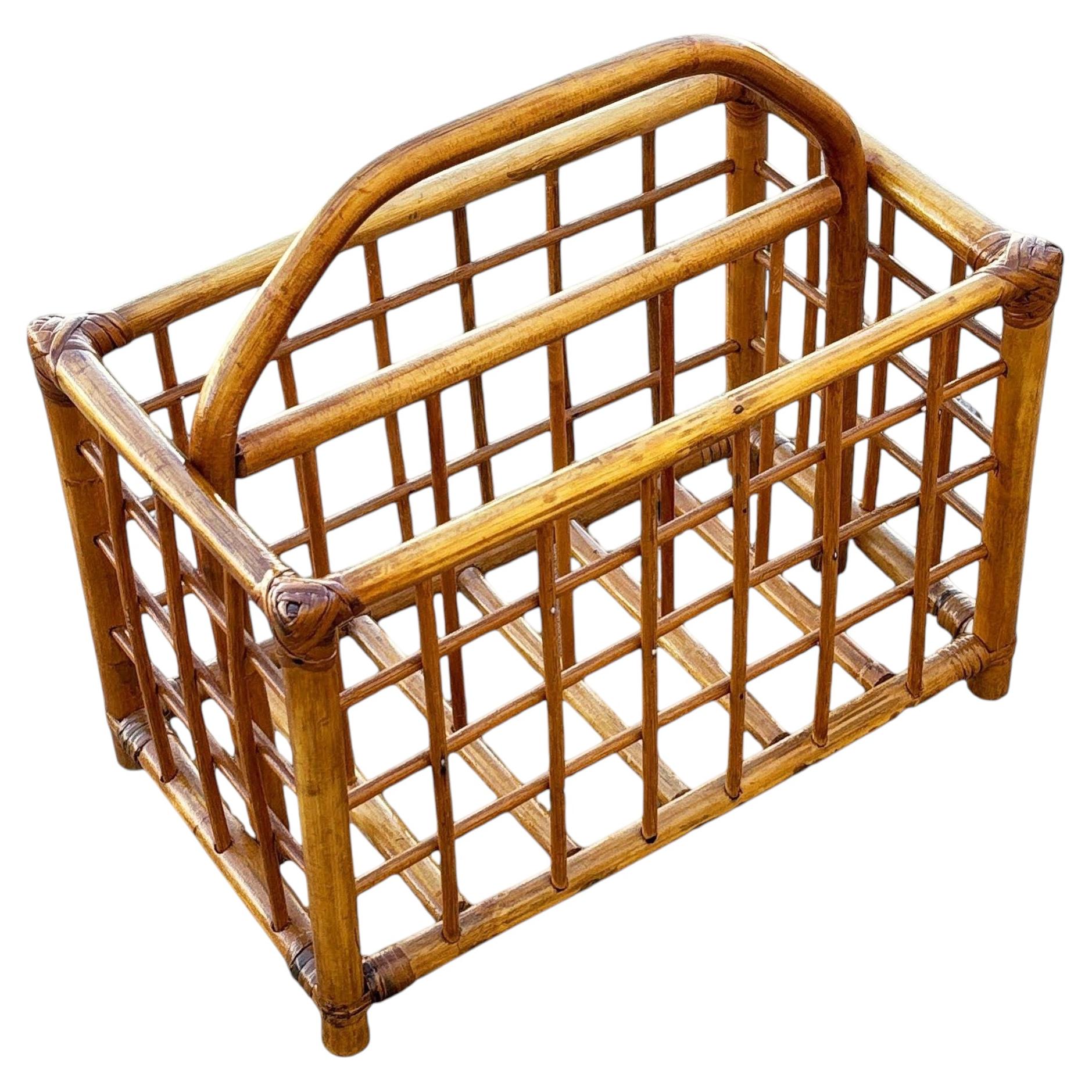 Restored Mid-Century Geometric Reed Rattan Pattern Rattan Magazine Rack For Sale