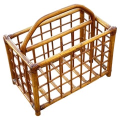 Restored Mid-Century Geometric Reed Rattan Pattern Rattan Magazine Rack