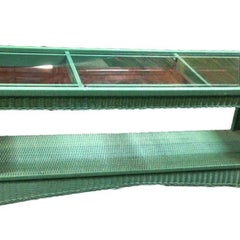 Restored Mid Century Green Woven Wicker TV Stand/Console Table w/ Glass Top