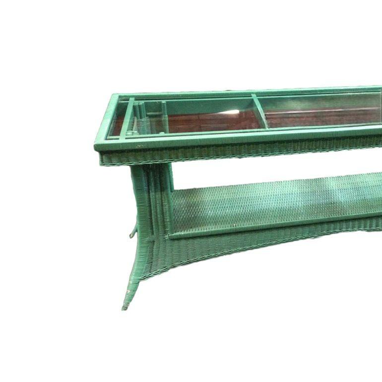 American Restored Mid Century Green Woven Wicker TV Stand/Console Table w/ Glass Top For Sale