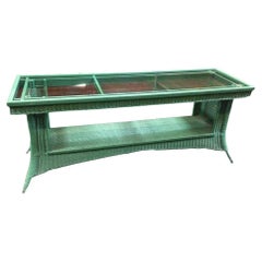 Porta TV/Console in vimini intrecciato verde di metà secolo restaurato con piano in vetro
