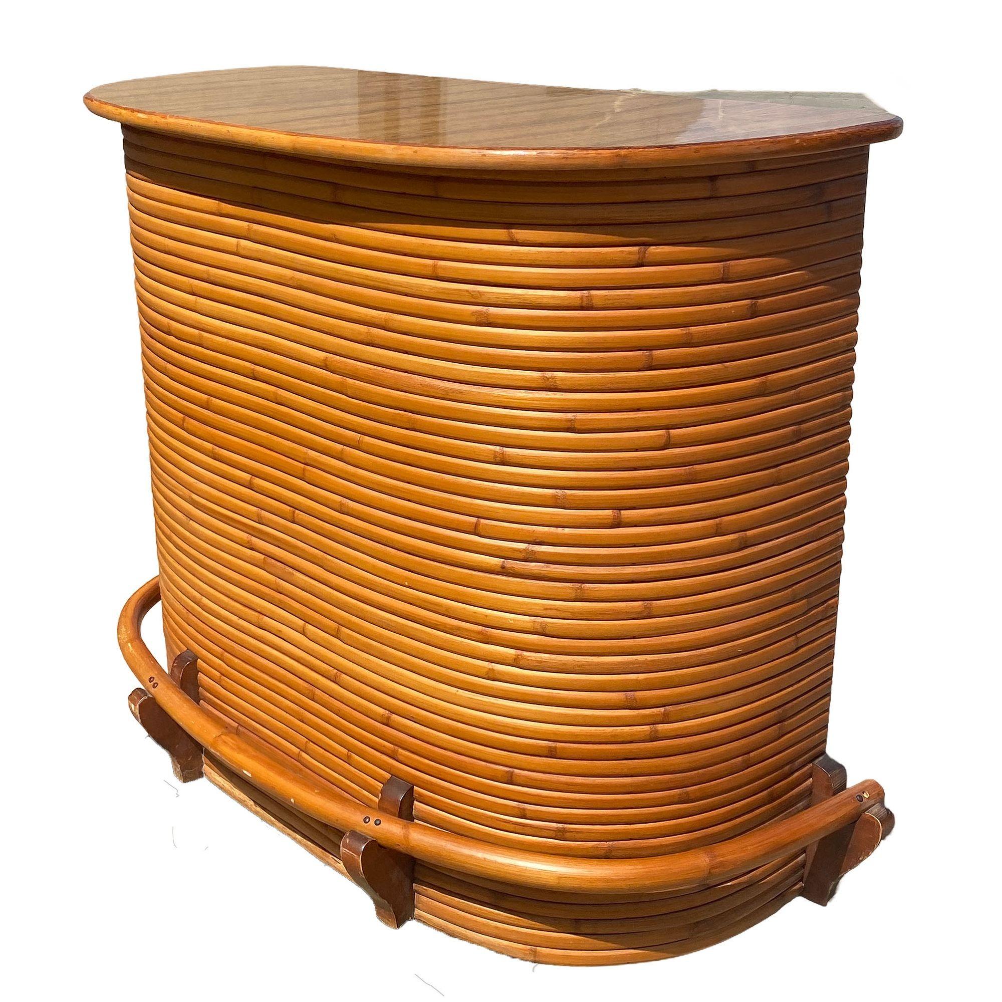 American Restored Mid-Century Half-circle Stacked Rattan Bar w/ Foot Rest For Sale