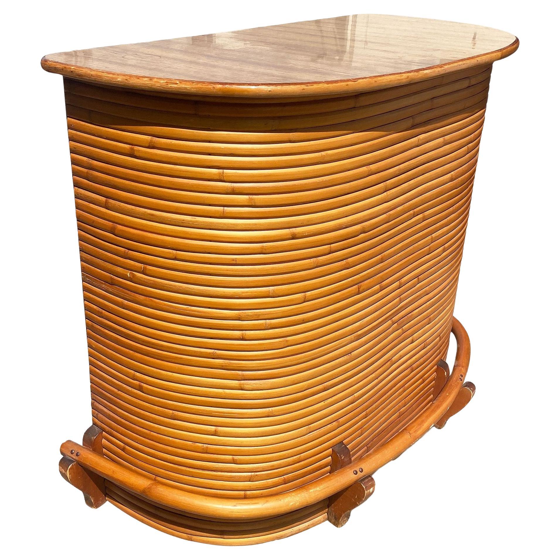 Restored Mid-Century Half-circle Stacked Rattan Bar w/ Foot Rest