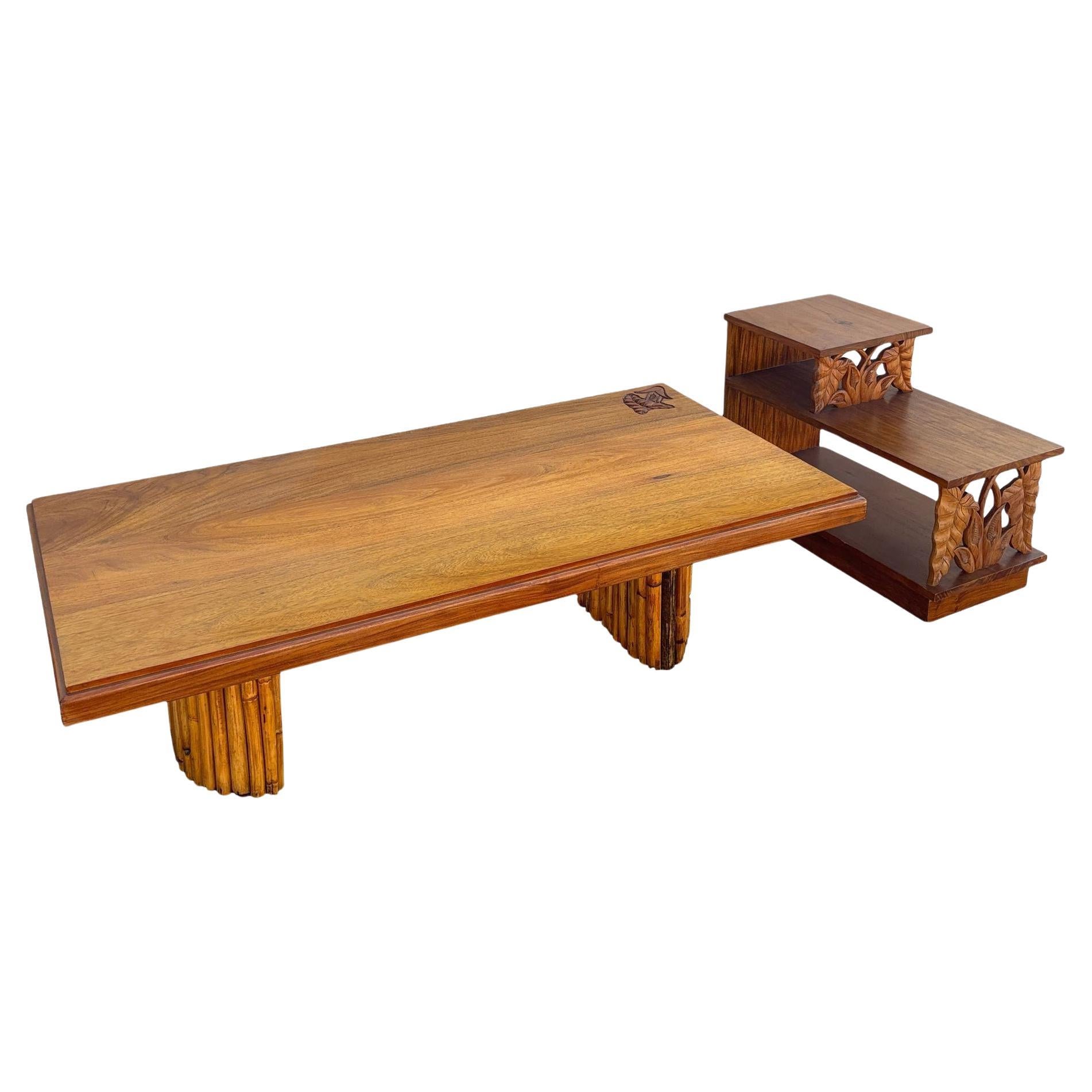 Restaurierte Mid Century Hand geschnitzt Palm Leaf Koa Holz Kaffee & Beistelltisch Set