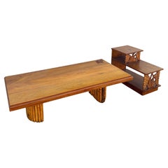 Restored Mid Century Hand Carved Palm Leaf Koa Wood Coffee & Side Table Set