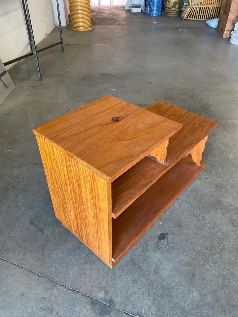 Restored MidCentury Hand Carved Palm Leaf Koa Wood Side Table For Sale