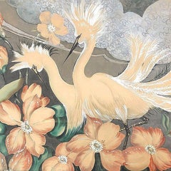 Restored Mid-century Hawaiian Airbrush Crane/Egret Painting, Framed
