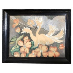 Restored Mid-century Hawaiian Airbrush Crane/Egret Painting, Framed