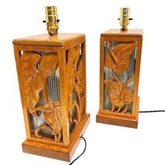 Restored Mid-century Hawaiian Carved Mango Wood Panel Lantern Table Lamps, Pair