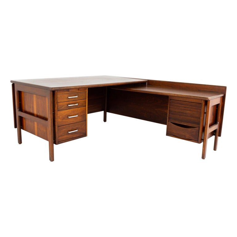 Restored Mid Century L Shaped Desk with Caned Back at 1stDibs mid century lshaped desk, l