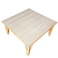 Restored Mid-century Large Square Rattan Coffee Table With Formica Top