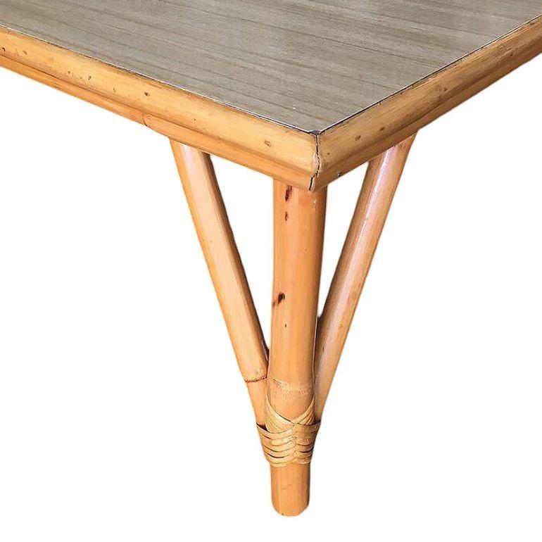 Restored Mid-century Large Square Rattan Coffee Table With Formica Top In Excellent Condition For Sale In Van Nuys, CA