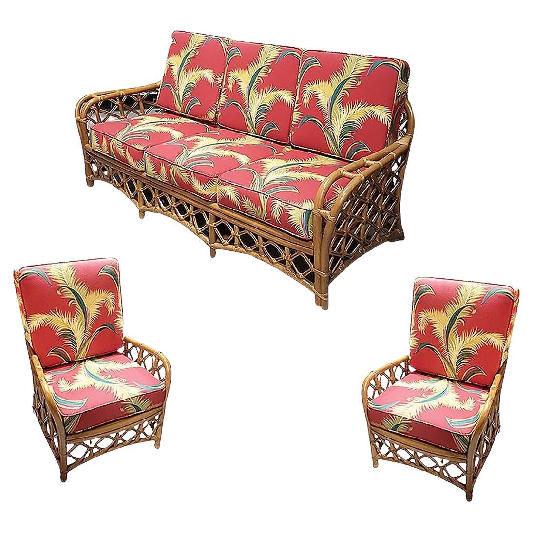 Restored Mid Century Lattice Rattan Sofa & Lounge Chair Livingroom Set For Sale