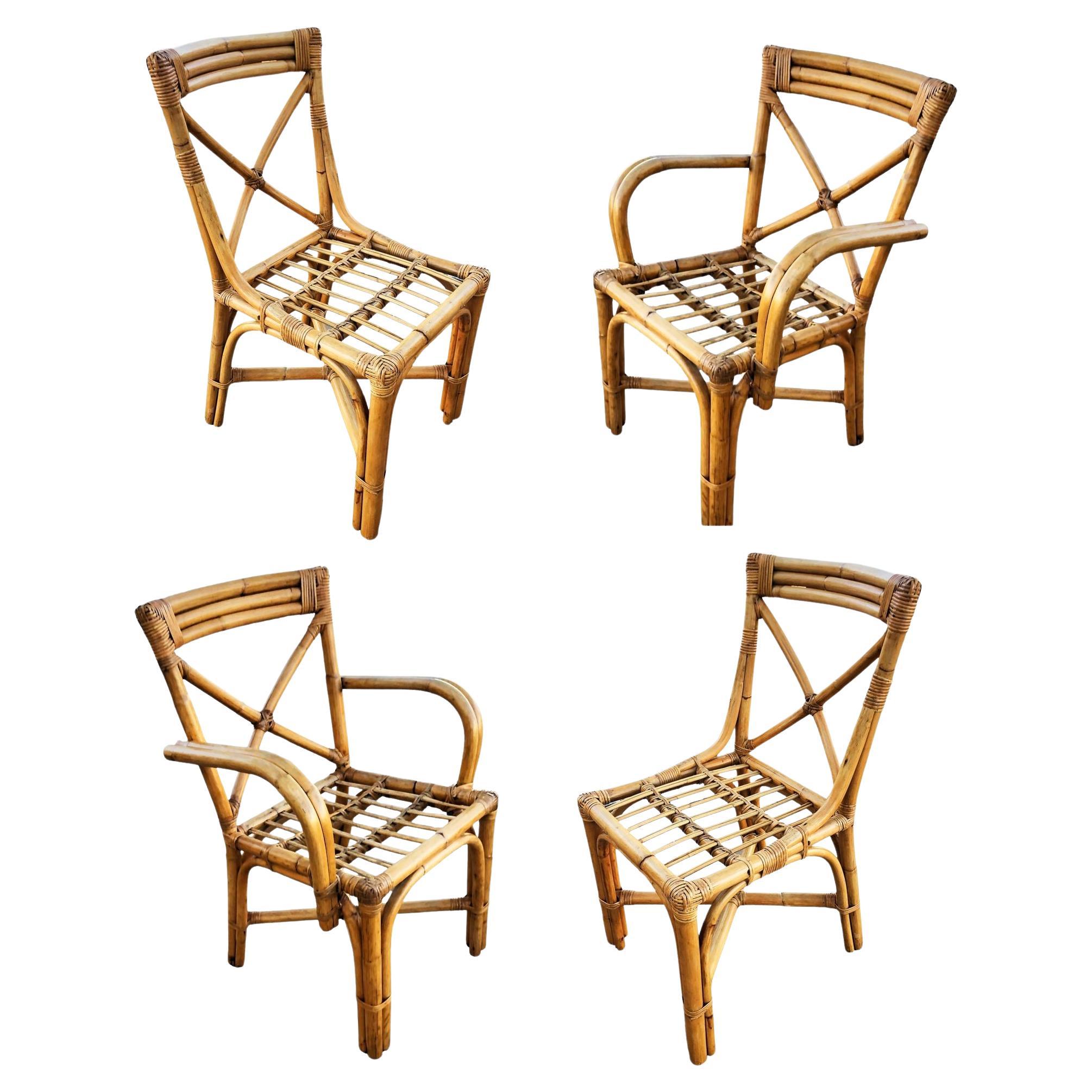 Sedie da pranzo in rattan con bracci ad anello e schienale a "X", set di 4 pezzi in vendita