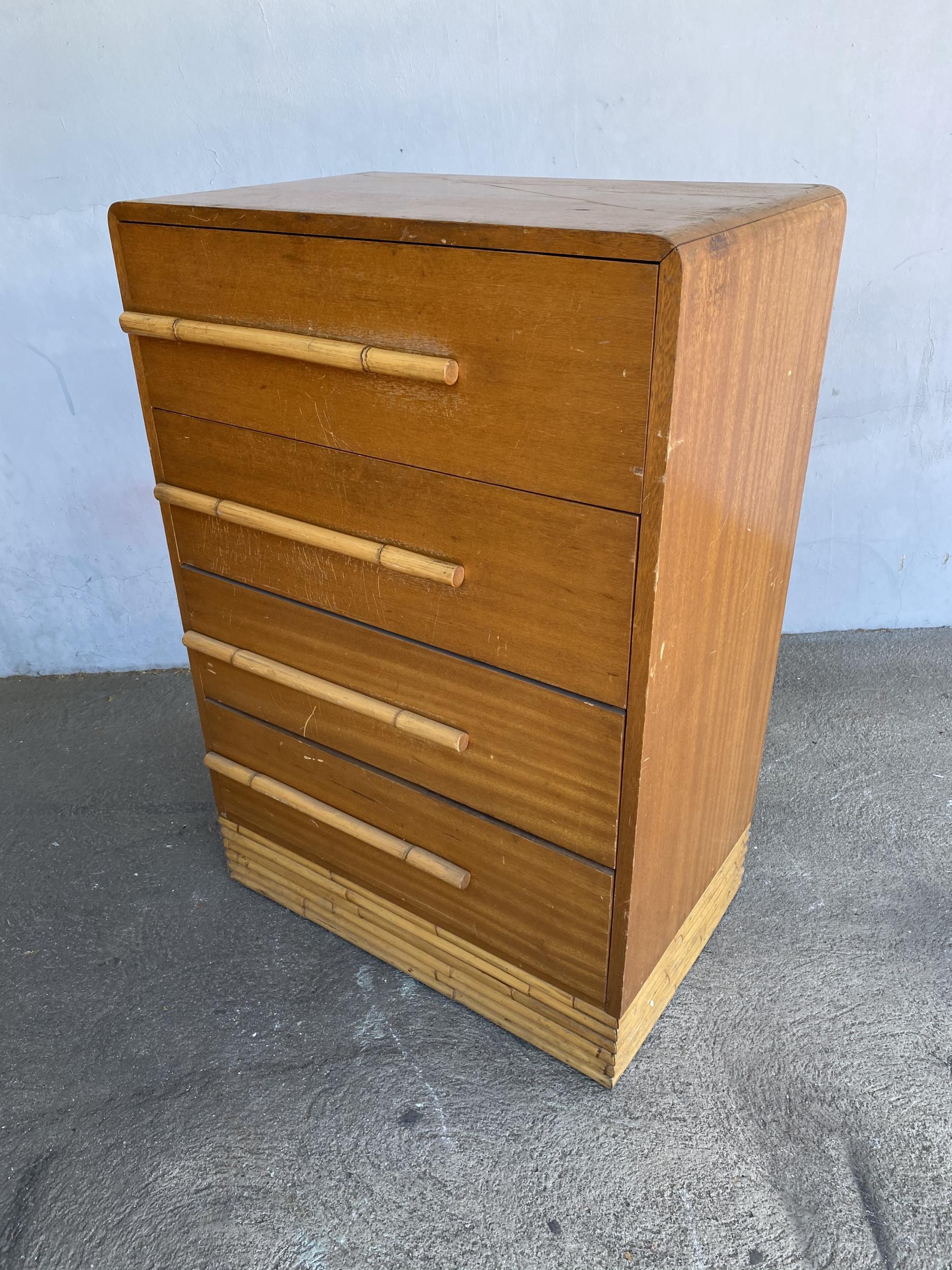 Restored Midcentury Mahogany Highboy Dresser with Stacked Rattan Base In Excellent Condition In Van Nuys, CA