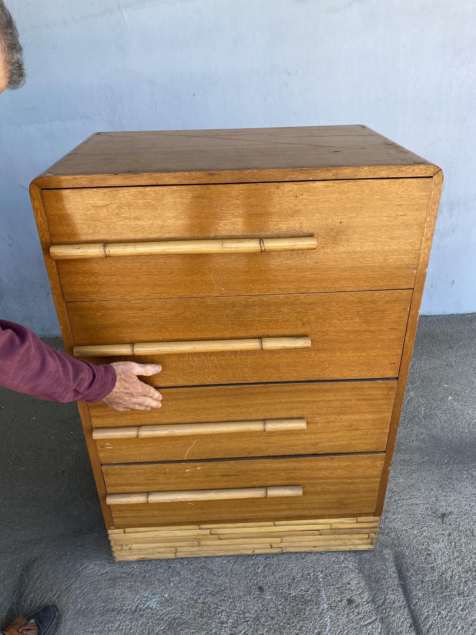 Mid-20th Century Restored Midcentury Mahogany Highboy Dresser with Stacked Rattan Base