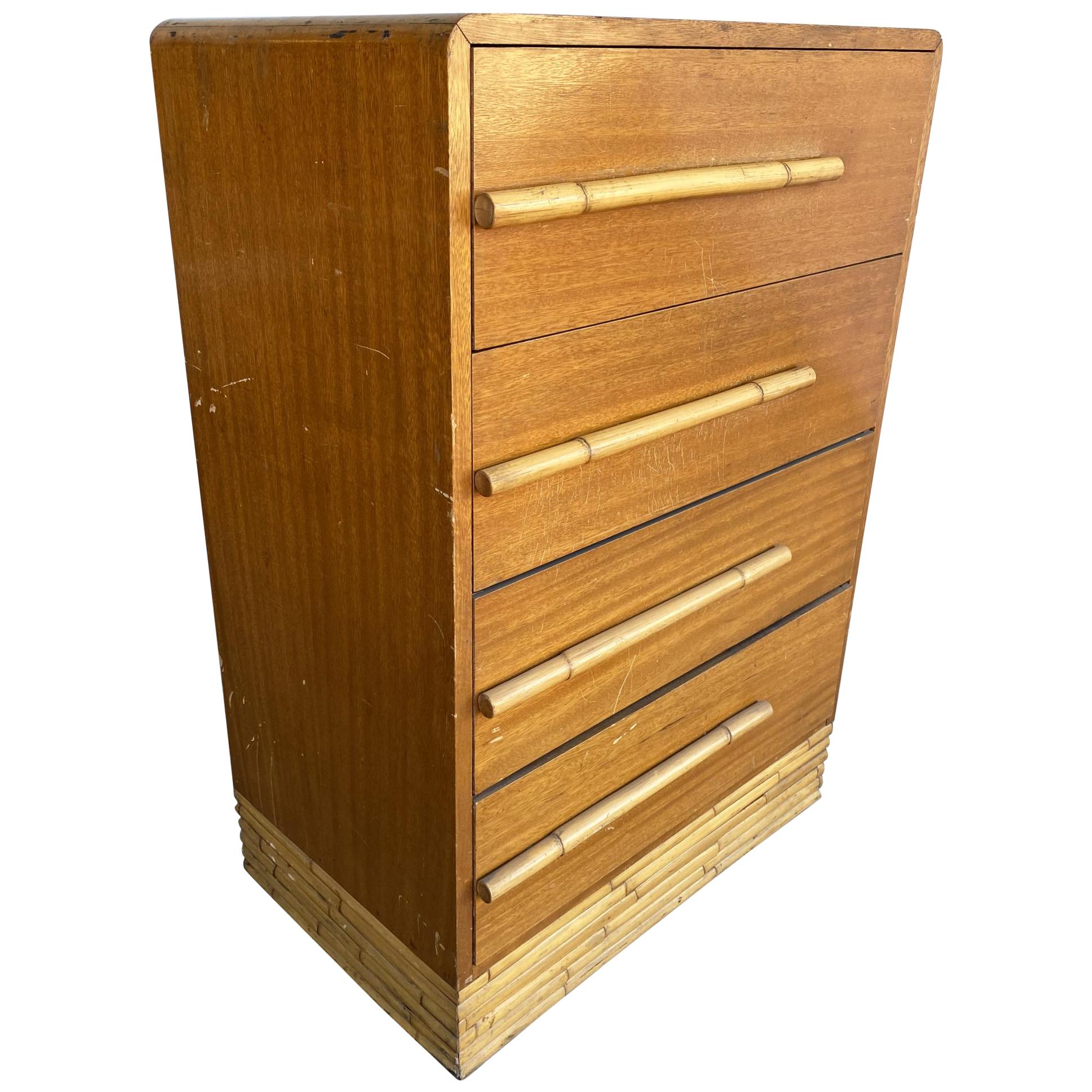 Restored Midcentury Mahogany Highboy Dresser with Stacked Rattan Base