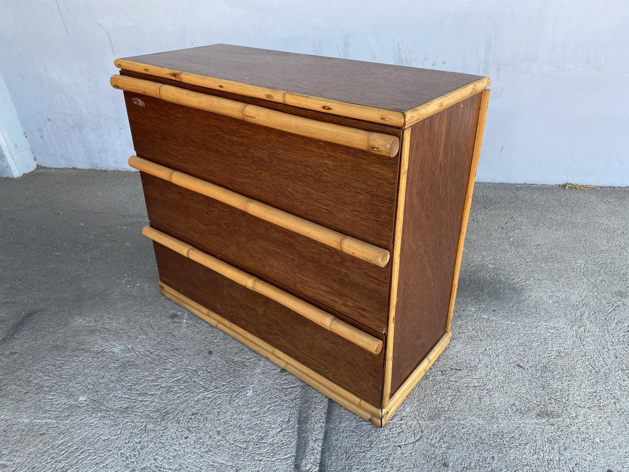 Restored Midcentury Mahogany Lowboy Dresser with Rattan Pulls In Excellent Condition In Van Nuys, CA