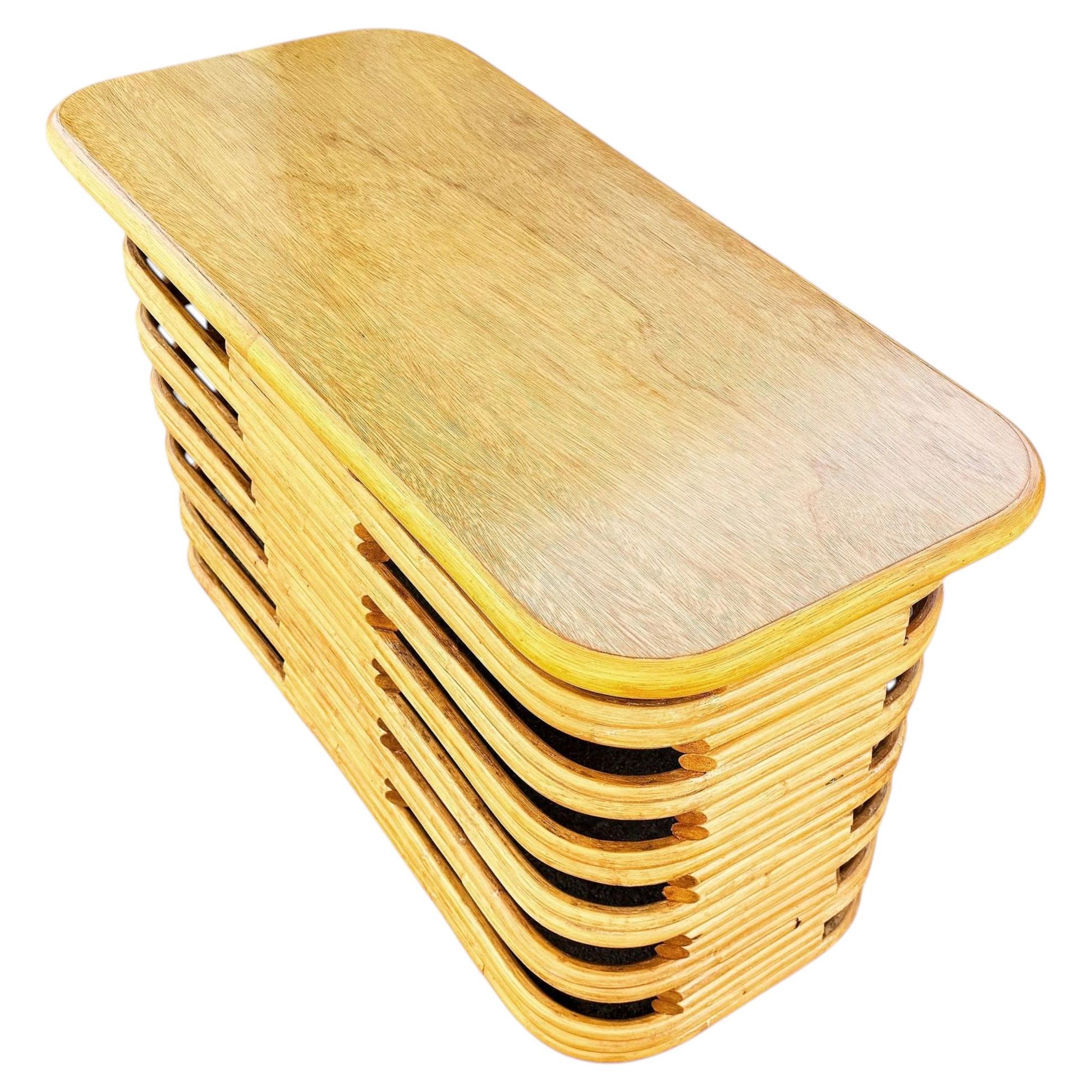 Restored Mid-century Mid-Century Stacked Rattan Side Drinks Table W/ Mahogany For Sale