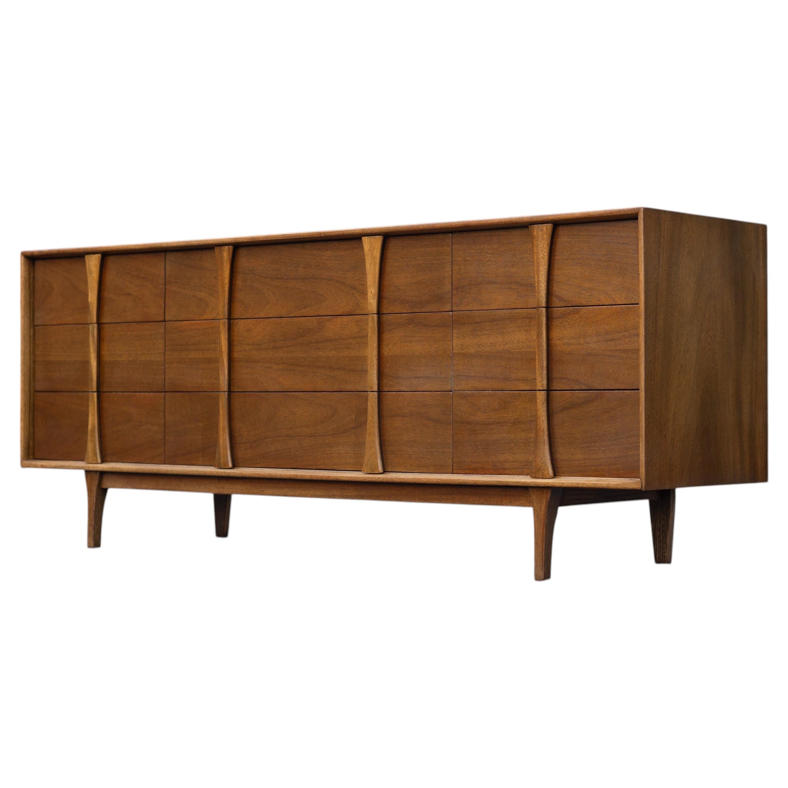 Restored Mid-Century Modern 9-Drawer Long Cabient by Red Lion in Sculpted Walnut