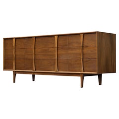 Restored Mid-Century Modern 9-Drawer Long Cabient by Red Lion in Sculpted Walnut