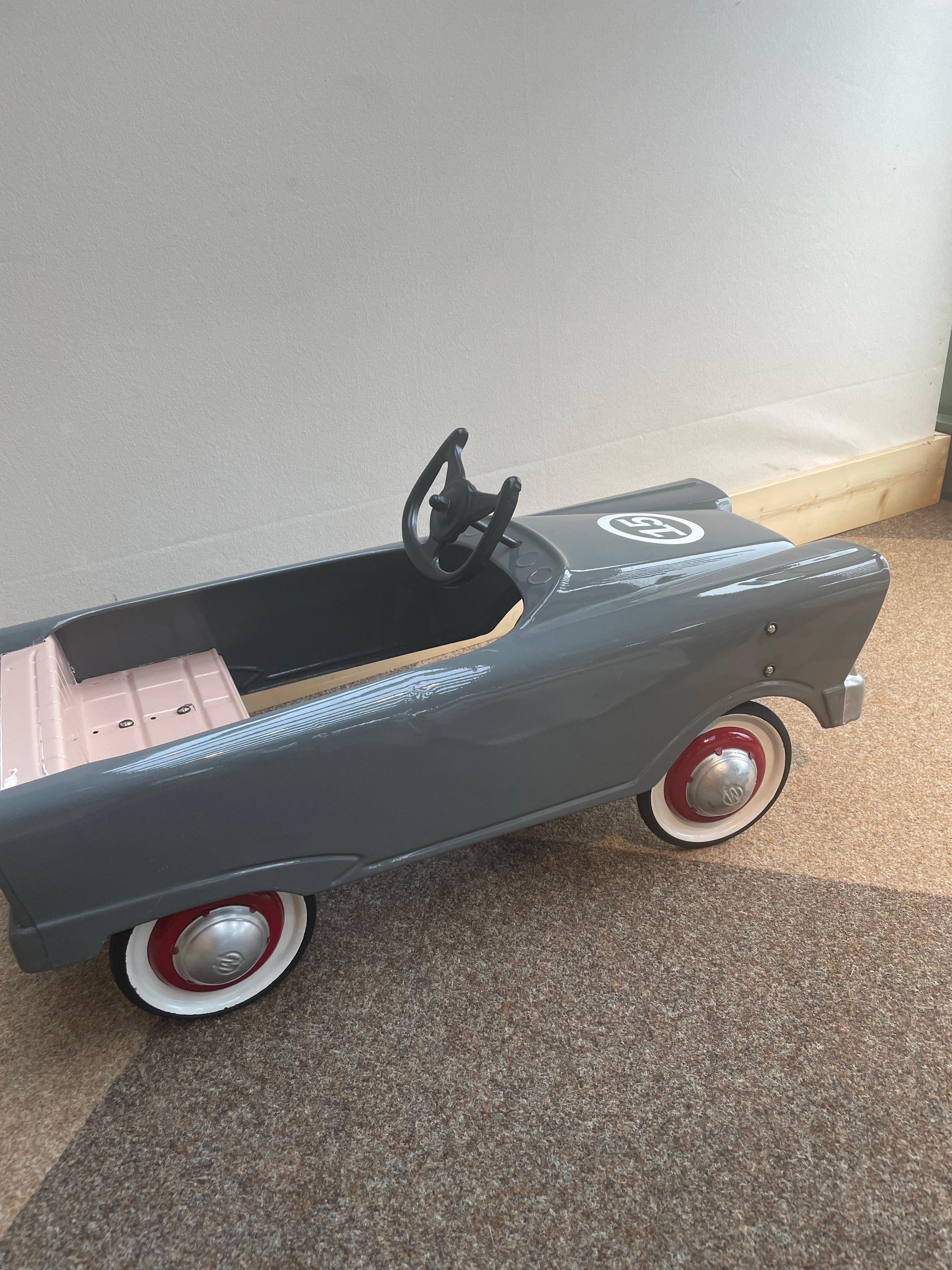 Restored Mid-Century Modern Grey Metal Pedal Car with Number 15 Decal 3