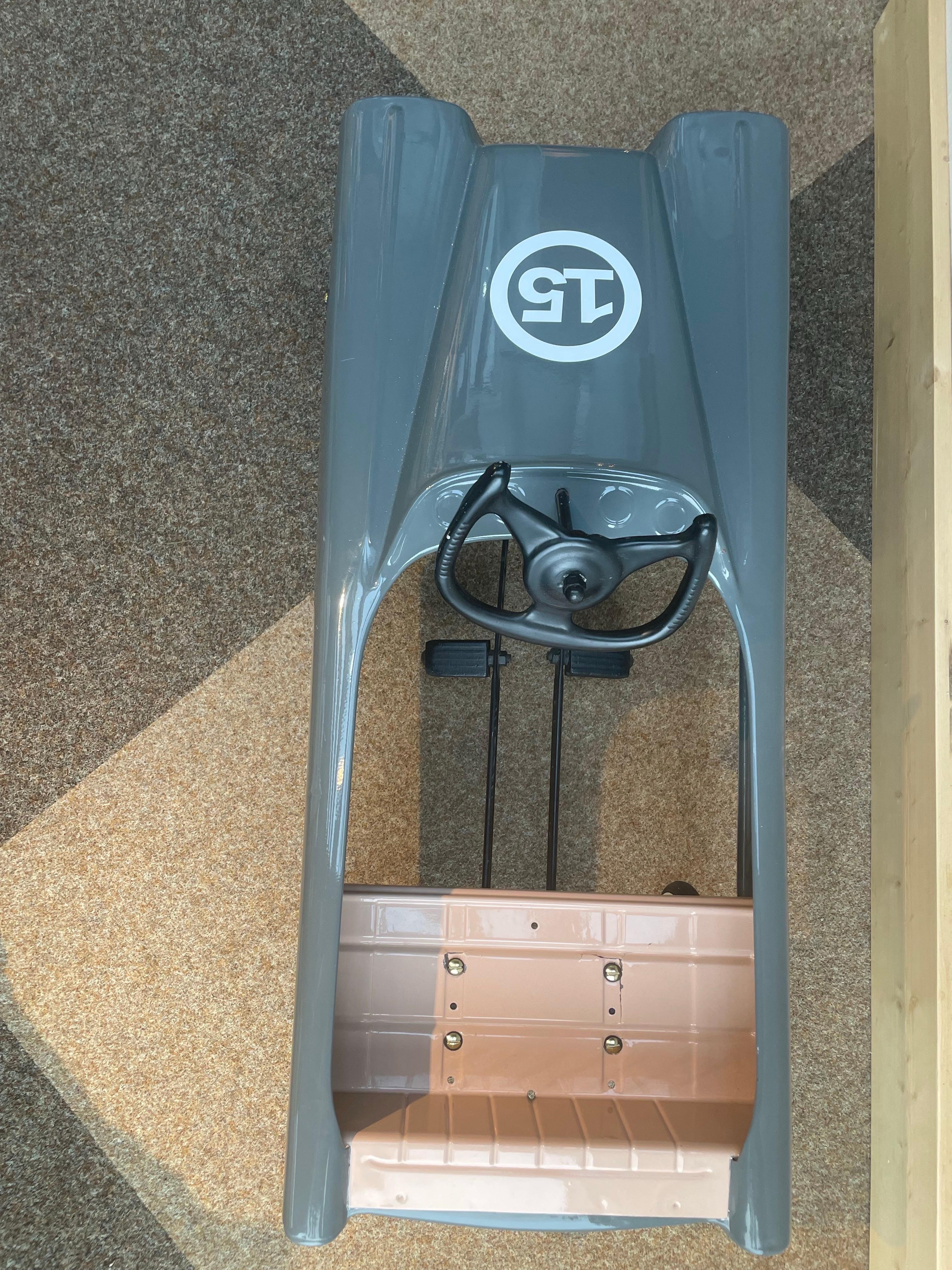 Restored Mid-Century Modern Grey Metal Pedal Car with Number 15 Decal 4