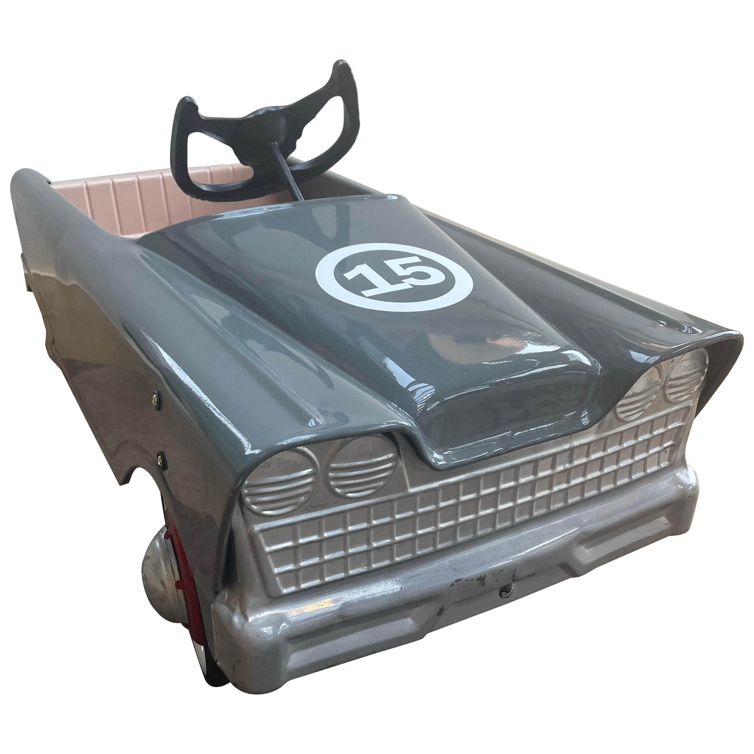 Restored Mid-Century Modern Grey Metal Pedal Car with Number 15 Decal