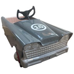 Restored Mid-Century Modern Grey Metal Pedal Car with Number 15 Decal