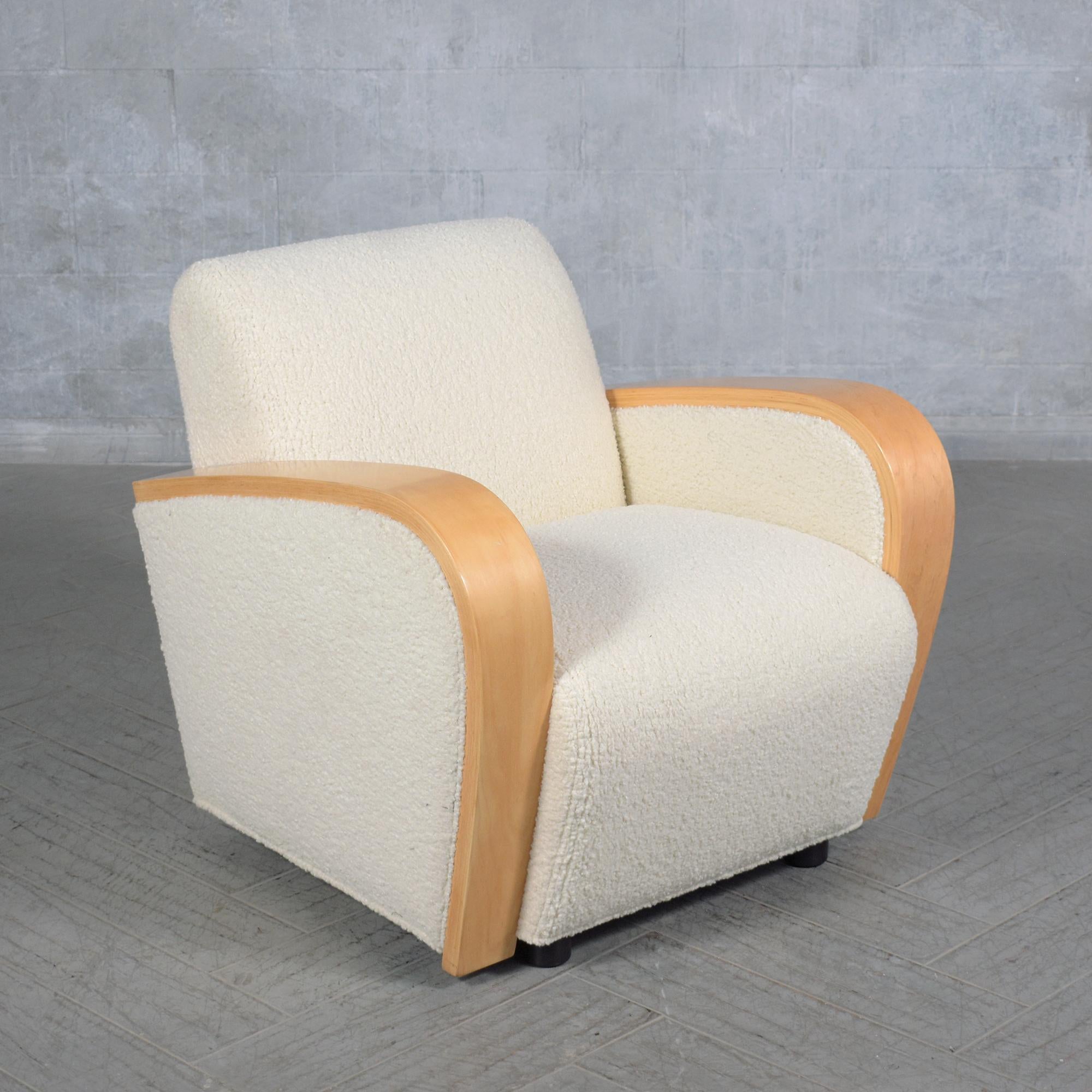 Restored Vintage Mid-Century Modern Lounge Chairs with Curved Wood Armrests For Sale 1
