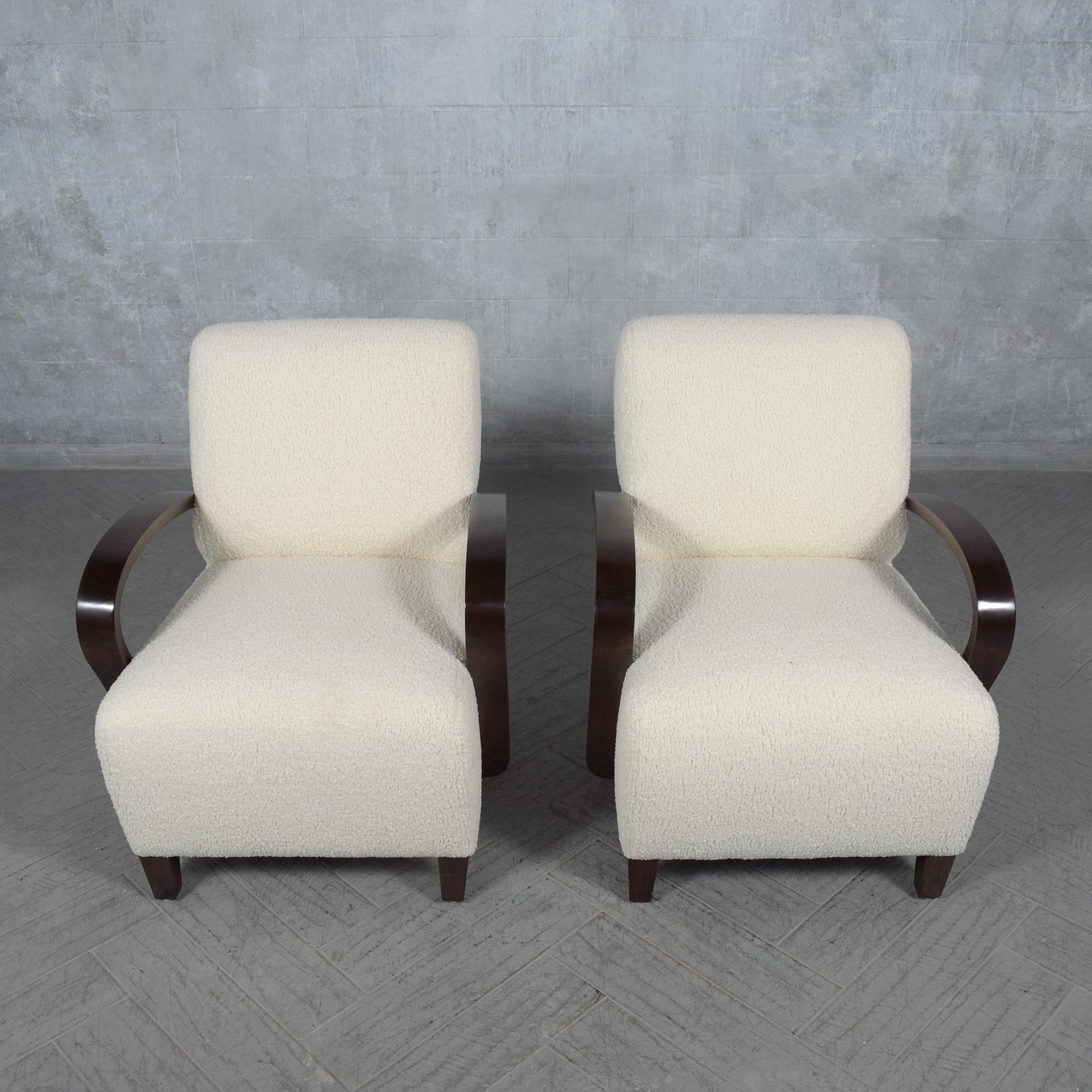 Delight in the fusion of classic style and modern comfort with our vintage pair of mid-century modern lounge chairs, thoughtfully restored by our skilled craftsmen. These chairs are reimagined to suit contemporary lifestyles while retaining their