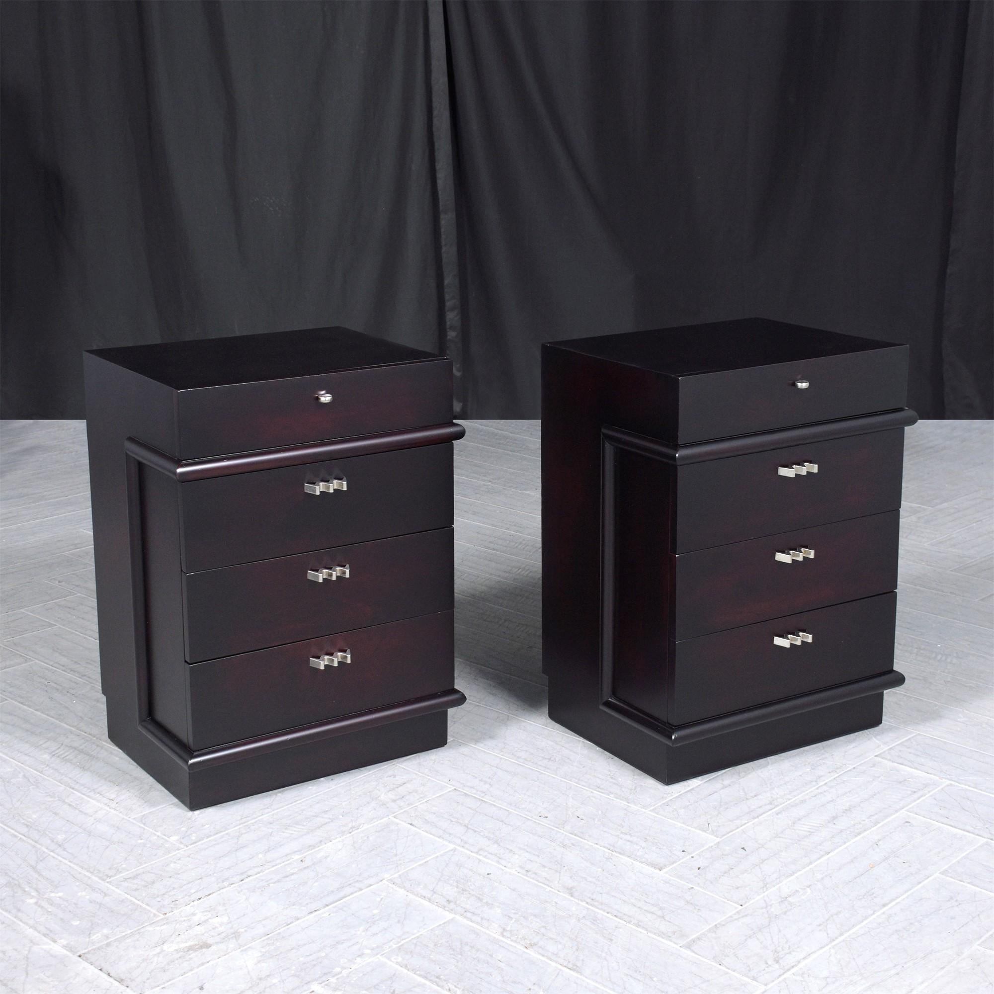 Step into the world of mid-century modern design with our exquisitely restored pair of nightstands by American of Martinsville. These nightstands are crafted from high-quality mahogany and have been meticulously revived to highlight their elegant