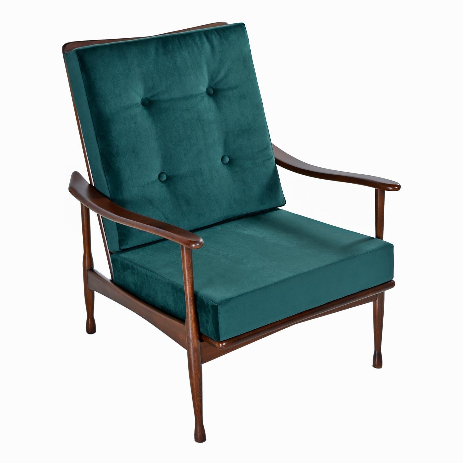 American Restored Mid-Century Modern Solid Maple Frame Lounge Chair in Green Velvet