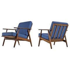 Restored Mid-Century Modern Solid Walnut Frame Armchair Lounge Chairs in Blue