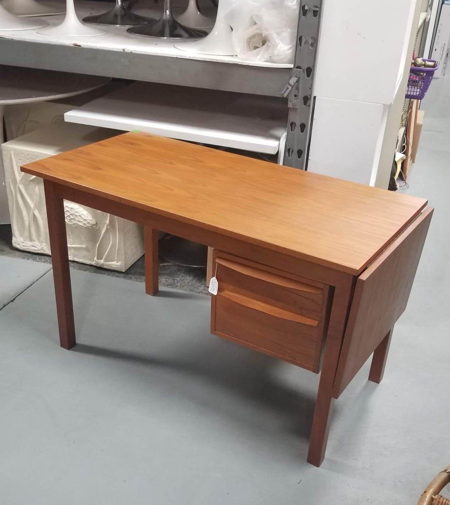European Restored Mid Century Modern Teak Wood Desk with Adjustable Base and Drop Leaf For Sale