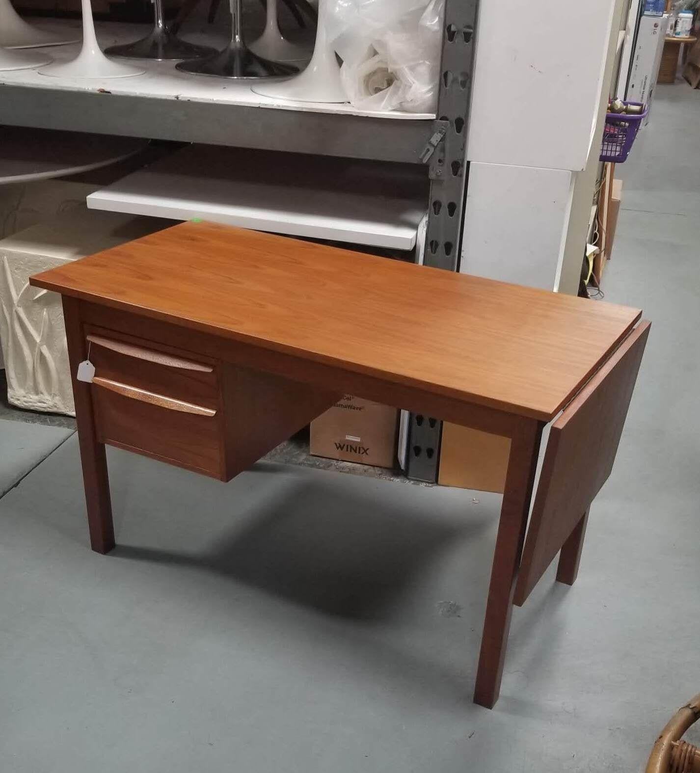 20th Century Restored Mid Century Modern Teak Wood Desk with Adjustable Base and Drop Leaf For Sale