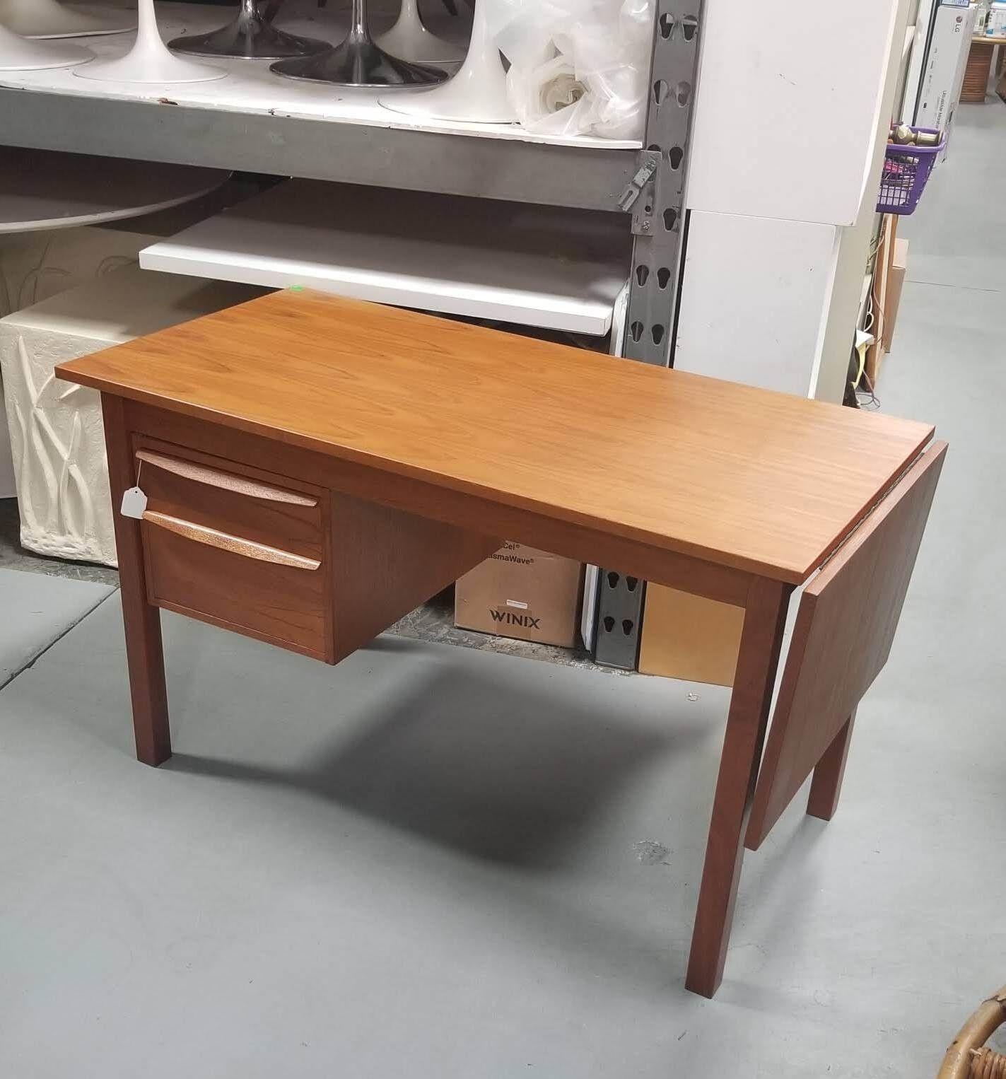 Restored Mid Century Modern Teak Wood Desk with Adjustable Base and Drop Leaf For Sale 1