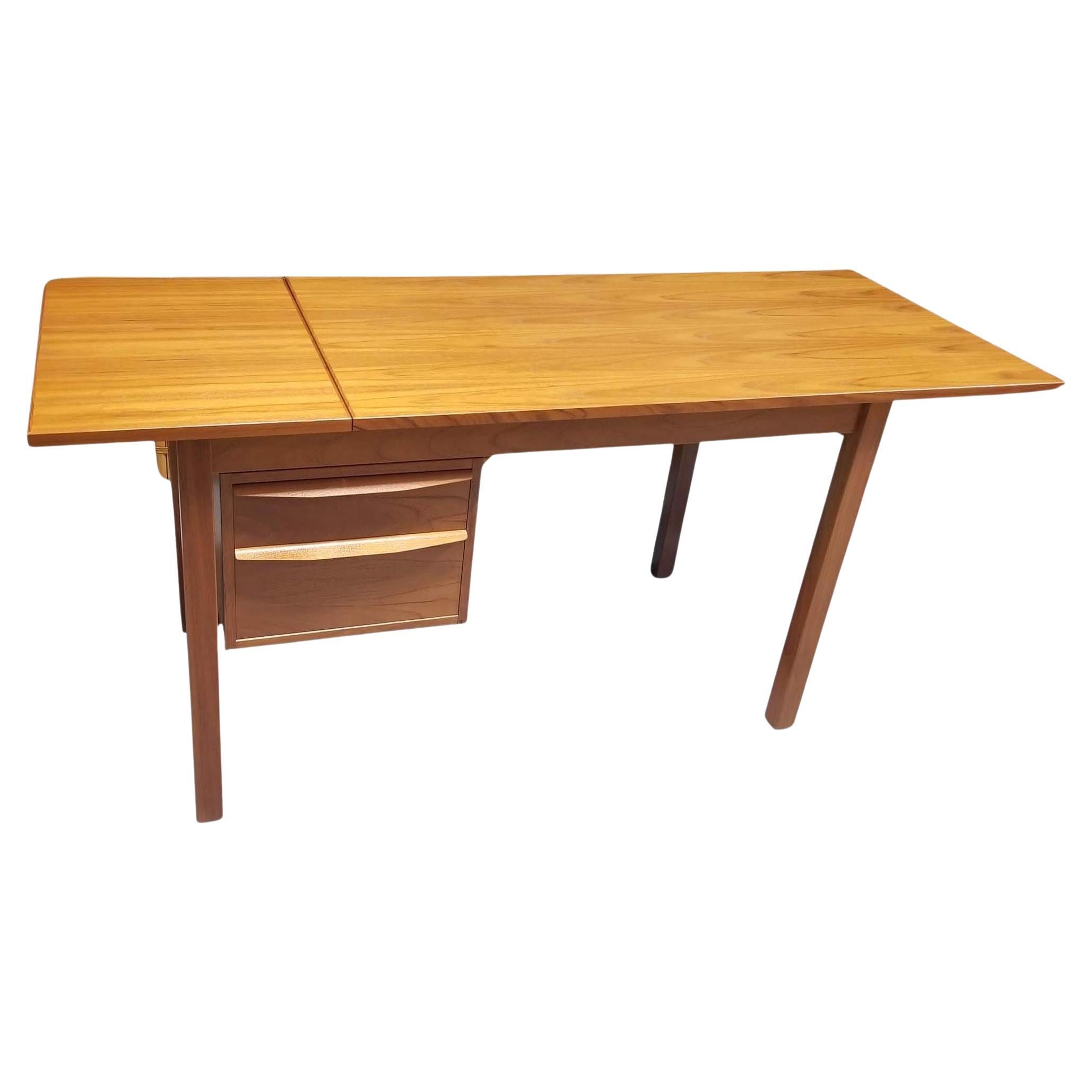 Restored Mid Century Modern Teak Wood Desk with Adjustable Base and Drop Leaf For Sale