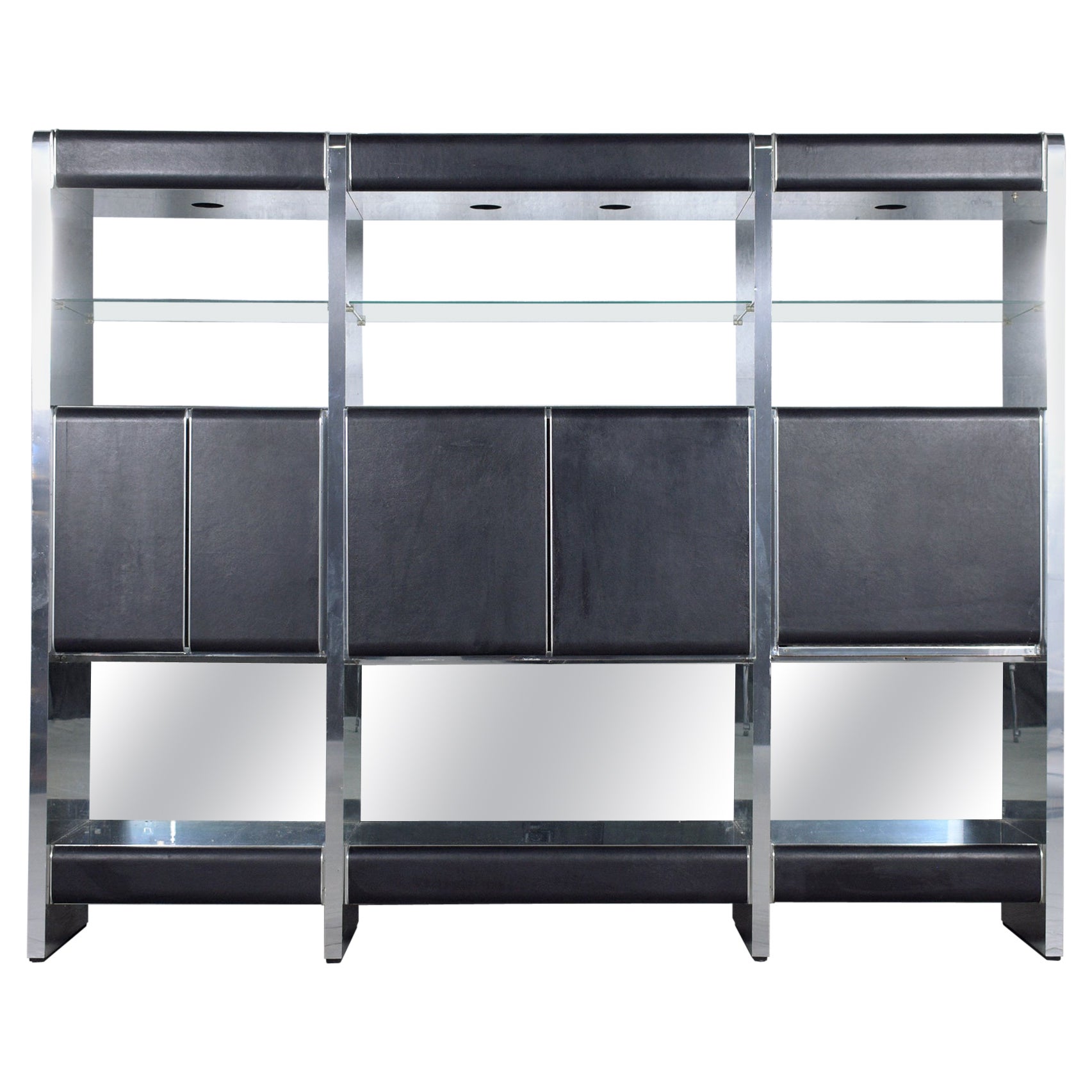 Restored Mid-Century Modern Wall Unit with Black Leather and Stainless Steel For Sale