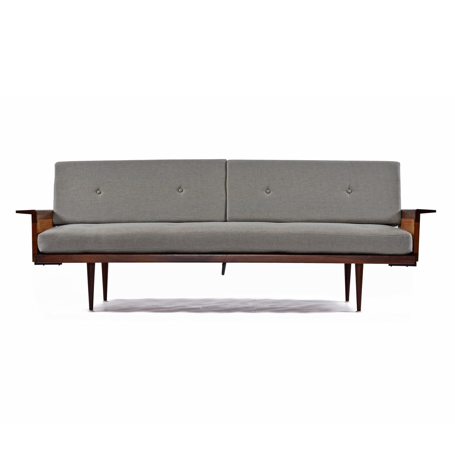 Mid-20th Century Restored Mid-Century Modern Walnut Cane Arm Daybed Sofa