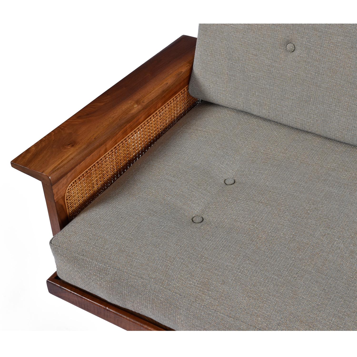 Metal Restored Mid-Century Modern Walnut Cane Arm Daybed Sofa