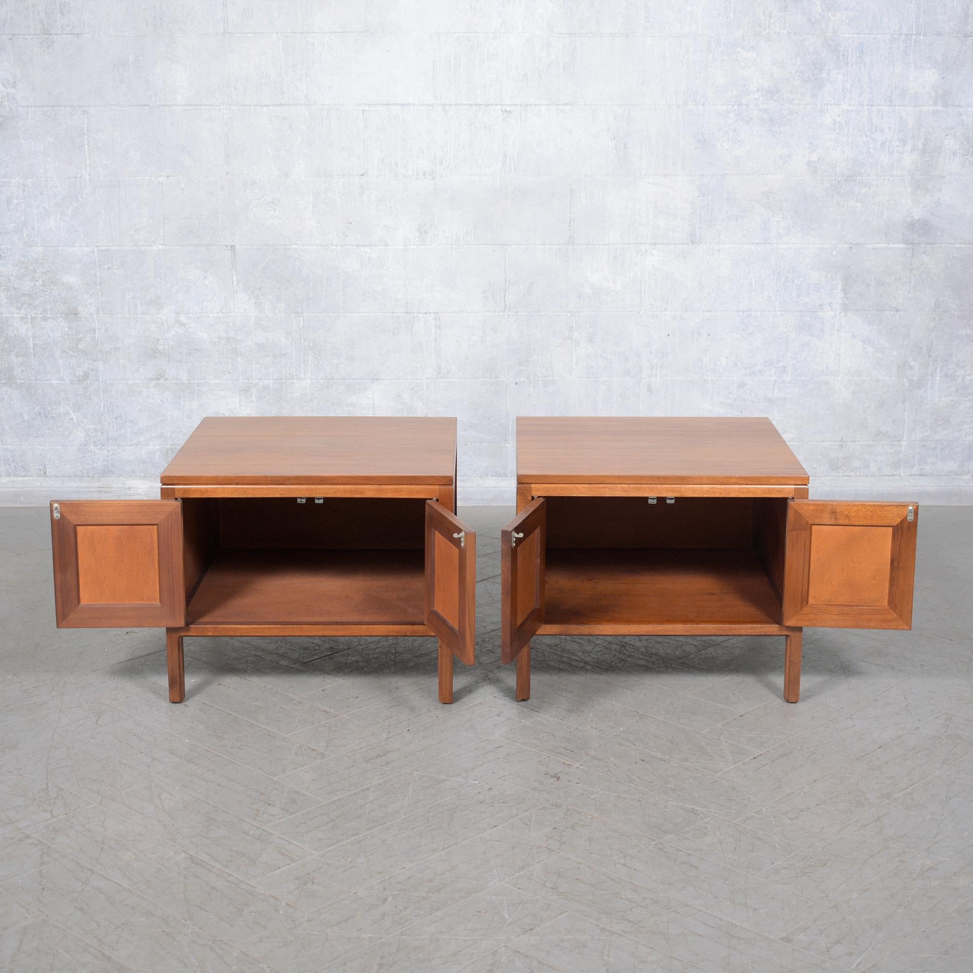 Restored Mid-Century Modern Walnut Nightstands with Storage In Good Condition For Sale In Los Angeles, CA