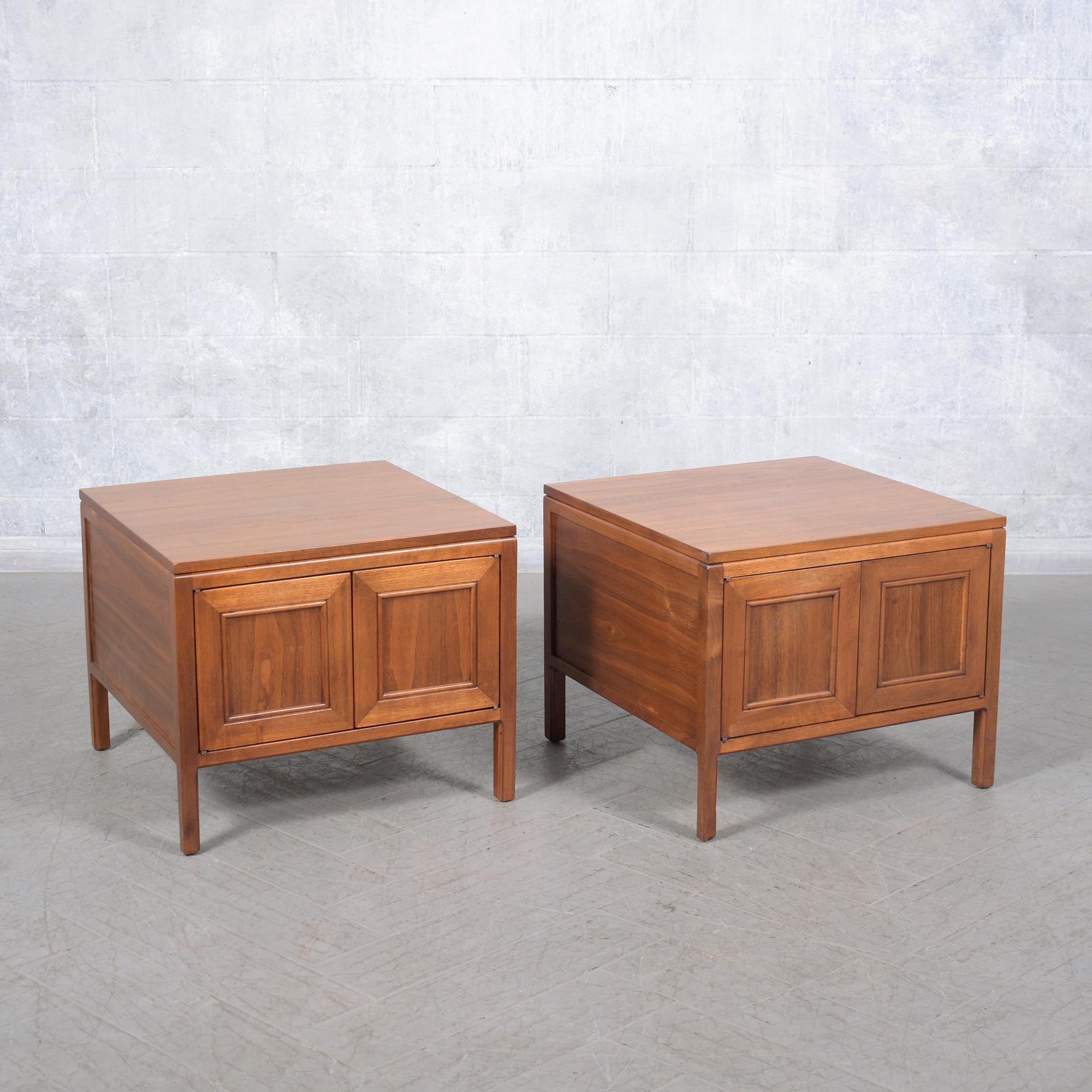Wood Restored Mid-Century Modern Walnut Nightstands with Storage For Sale