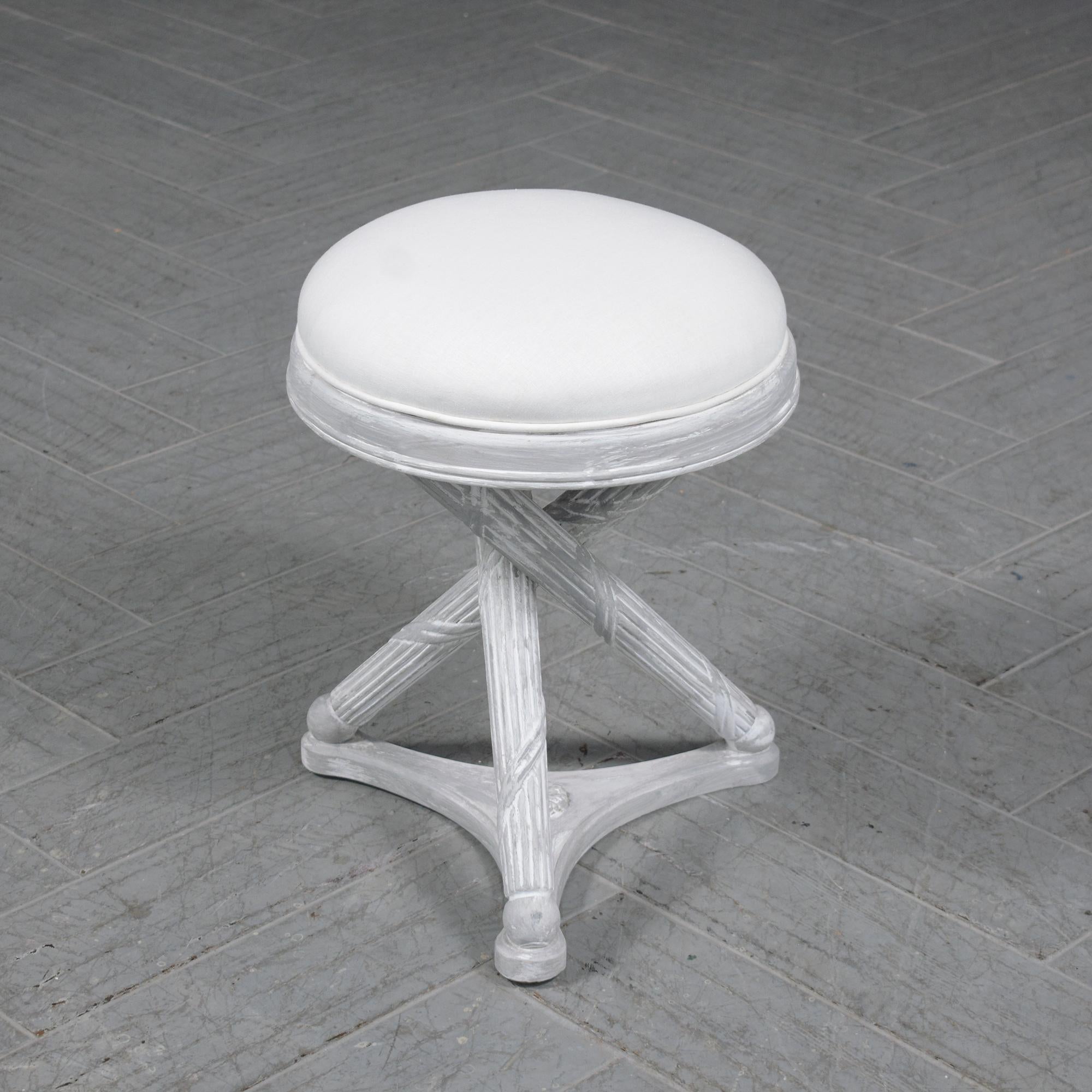 Transform your space with our mid-century modern x-base stool, a piece that perfectly encapsulates the fusion of classic design and contemporary restoration. Meticulously brought back to life by our in-house expert craftsmen, this stool stands in
