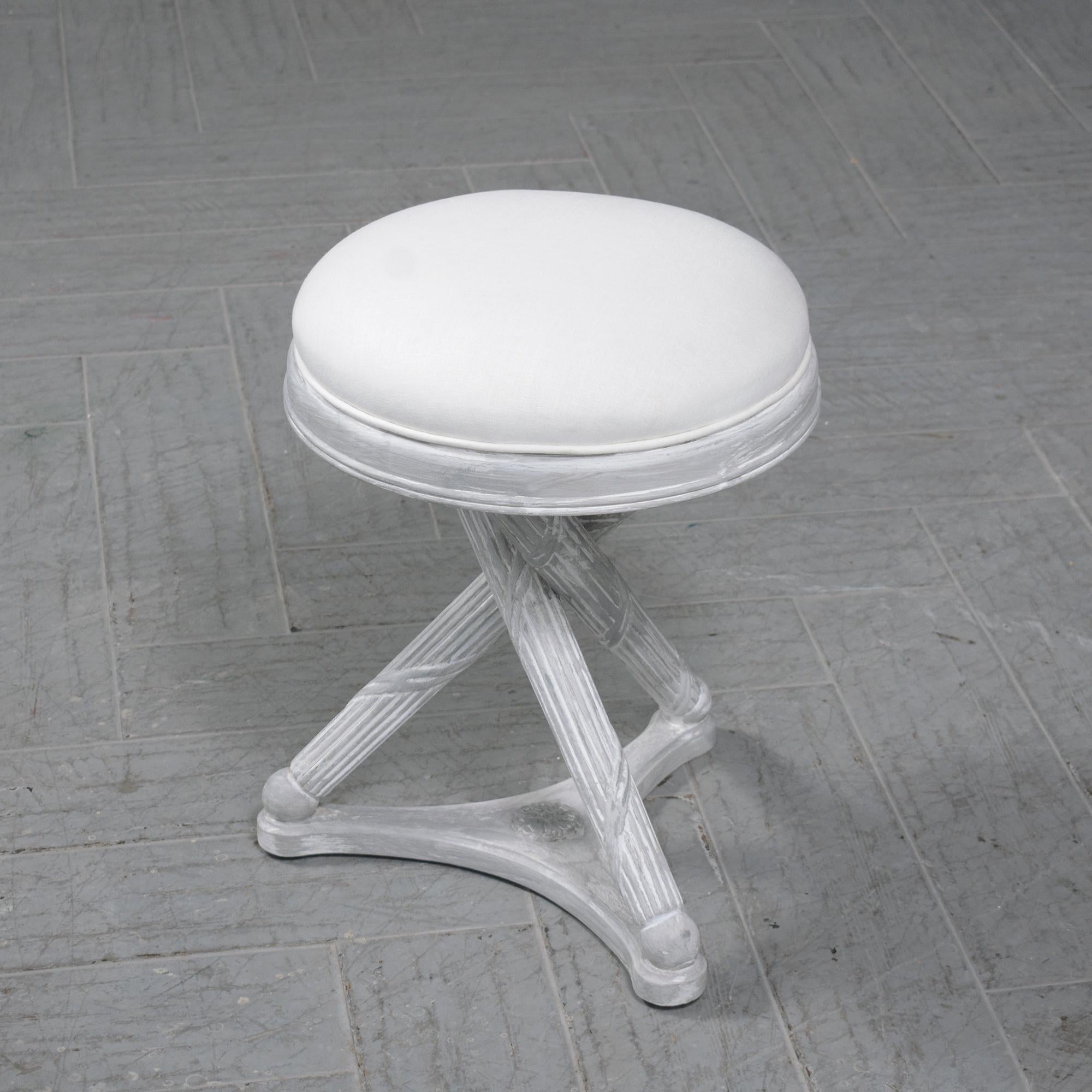 Patinated Restored Mid-Century Modern X-Base Stool in White & Gray with Linen Cushion For Sale
