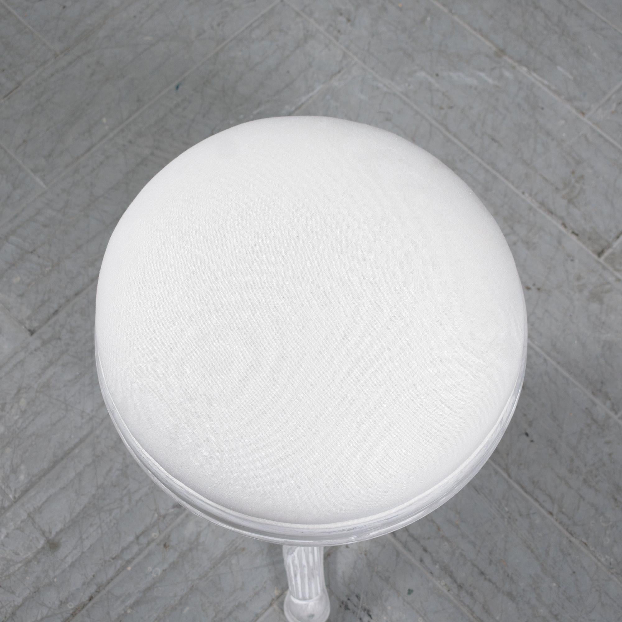 Mid-20th Century Restored Mid-Century Modern X-Base Stool in White & Gray with Linen Cushion For Sale