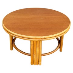 Restored Mid-century O-Base Round Costal Rattan End Table W/ Mahogany Top