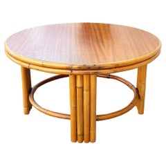 Restored Mid-century O-Base Round Costal Rattan End Table W/ Mahogany Top