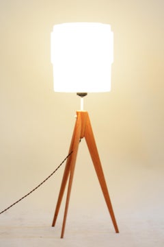 Lampada da terra restaurata del Medioevo in Oak, vetro latteo, anni '50, nuova elettrificazione