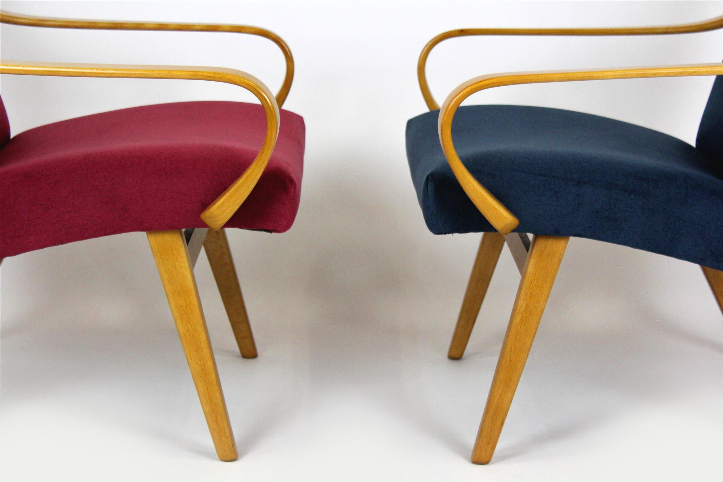 Restored Mid-Century Pink & Blue Armchairs by J. Smidek for TON, 1960s, Set of 2 For Sale 10